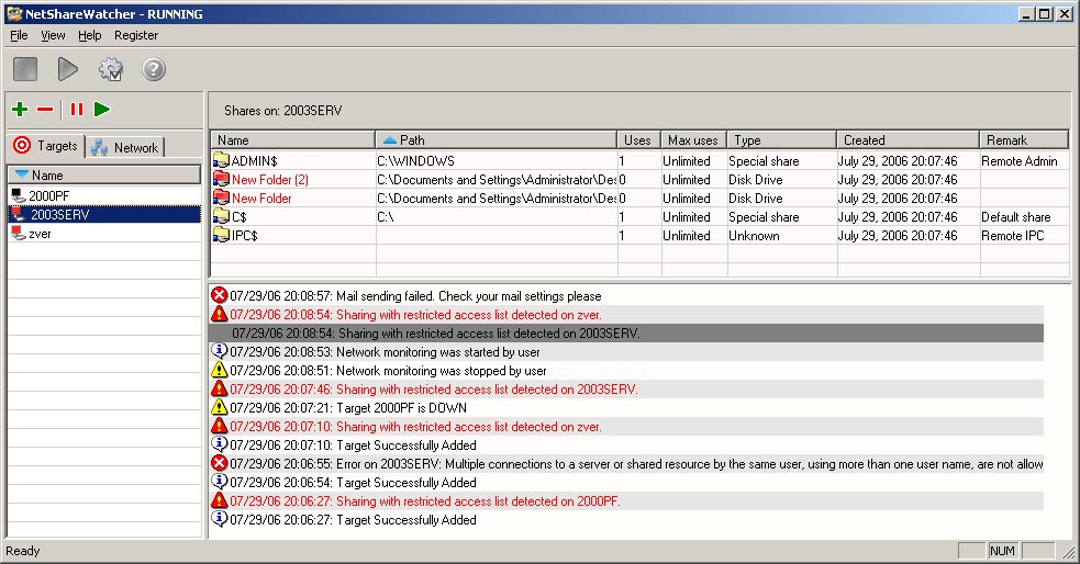 NetShareWatcher monitors network shared folders and permissions. Screen Shot